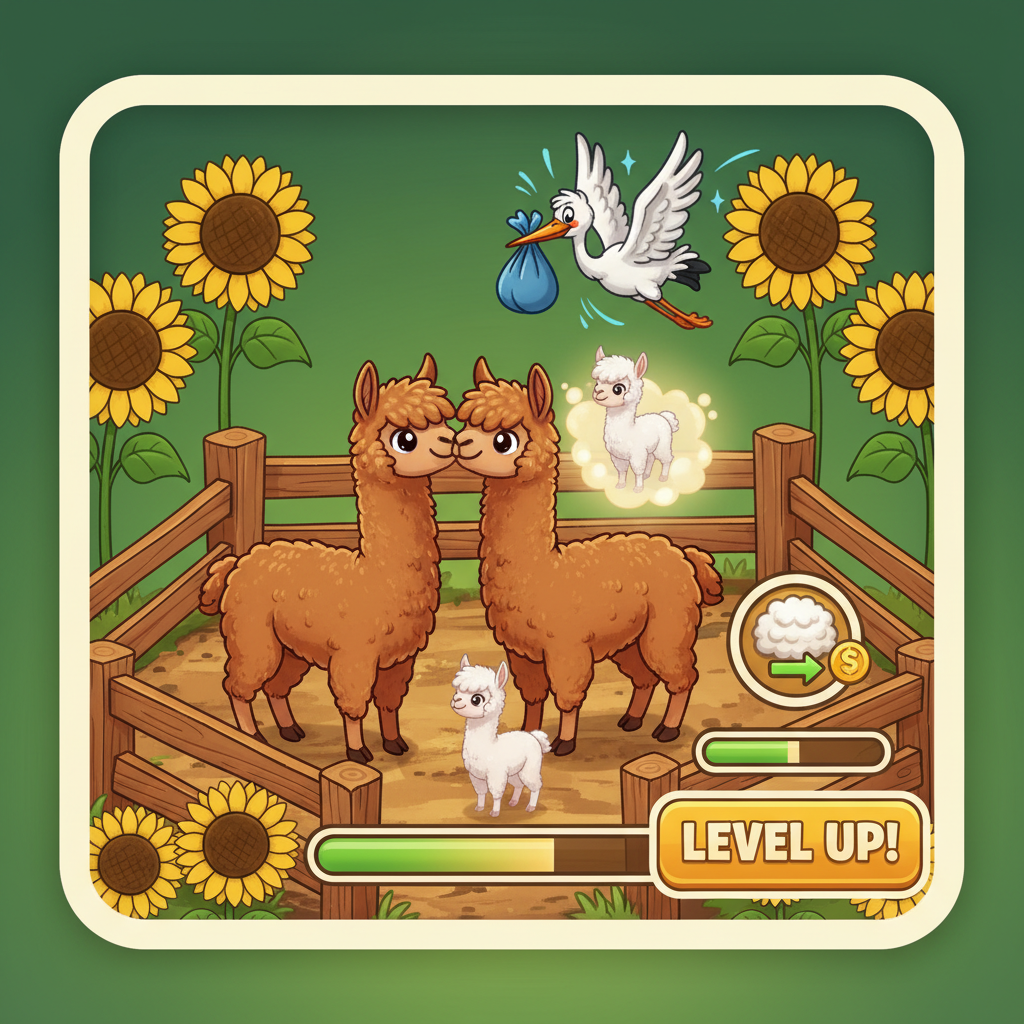 FarmVille 3 animal habitat interface showing a breeding pair of brown alpacas inside their pen, a stork delivery animation for a newborn baby alpaca, and the wool produce collection interface with a level-up progress bar