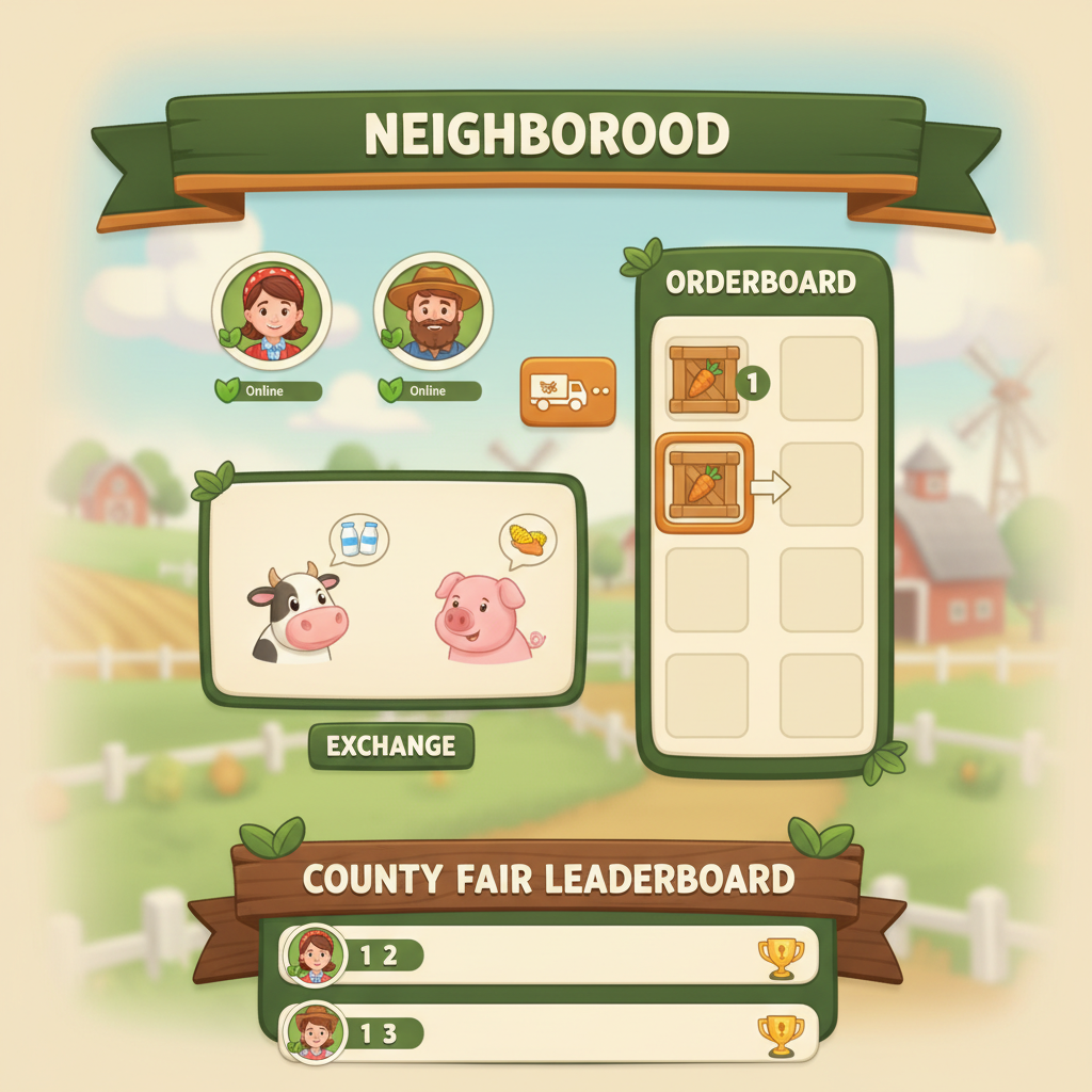 FarmVille 3 co-op mode interface showing the neighbourhood visit panel with active co-op member farms, an Orderboard trade request notification, a goods exchange dialogue between two players, and the County Fair leaderboard standings
