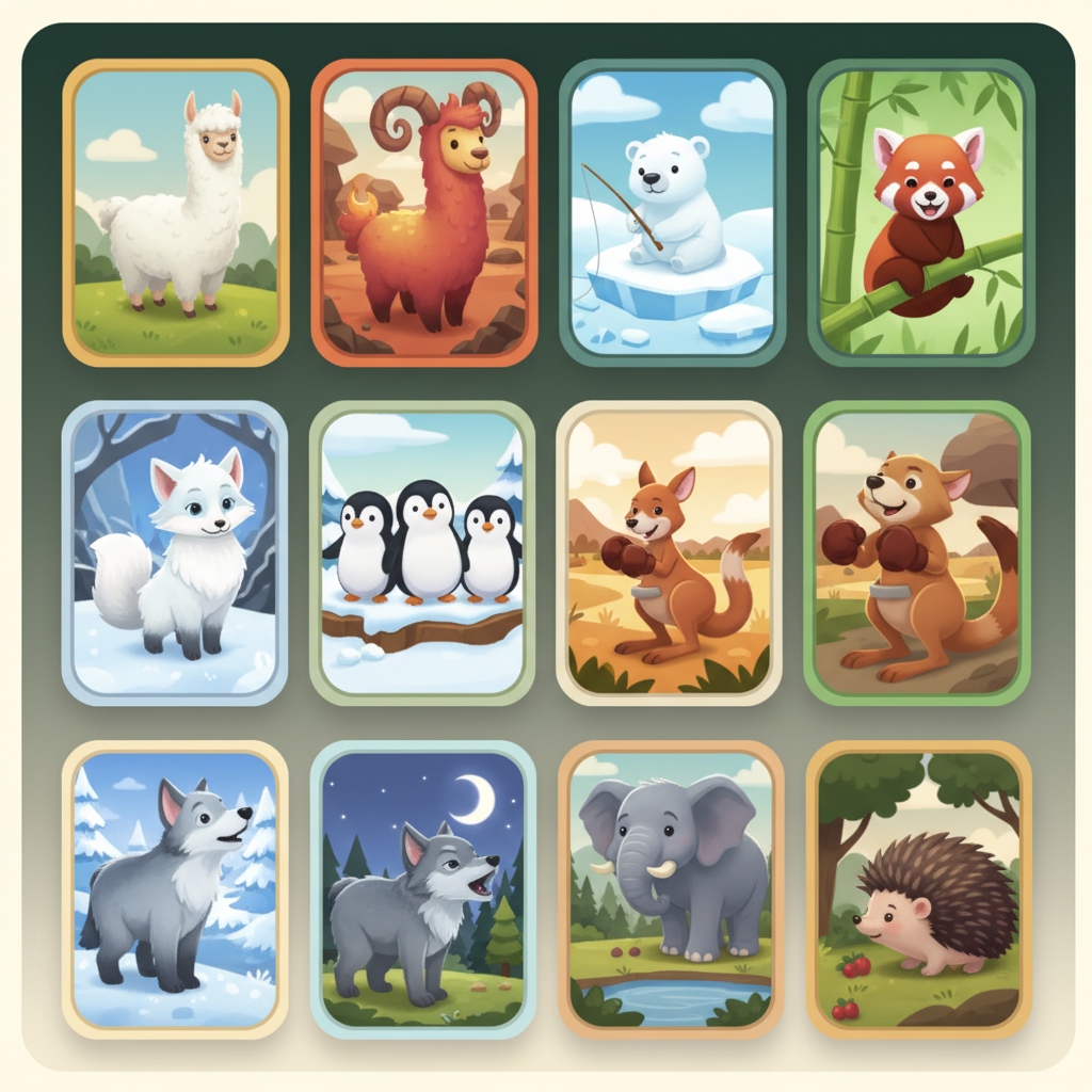 FarmVille 3 exotic animal collection showcase featuring alpacas, flame llamas, polar bears, red pandas, penguins, kangaroos, arctic foxes, grey wolves, elephants, and hedgehogs arranged in colourful animal habitat cards