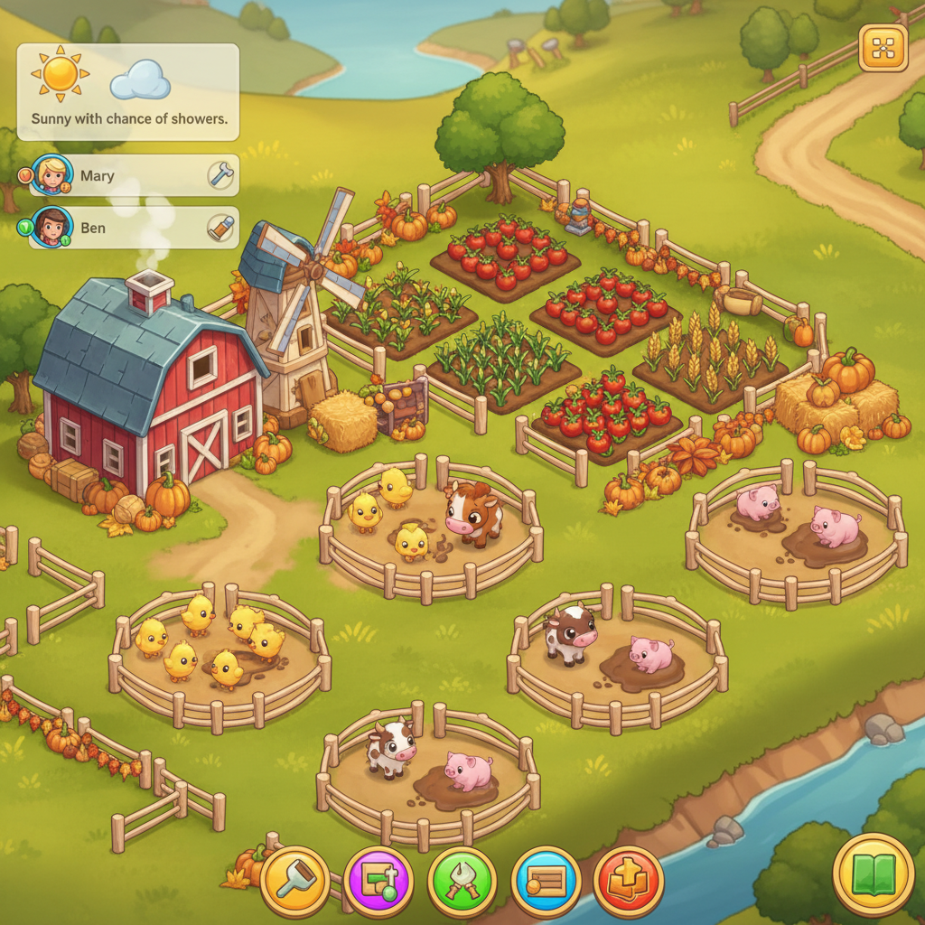 FarmVille 3 gameplay overview screenshot displaying a detailed farm layout with animal pens, crop plots, crafting buildings, seasonal decorations, weather forecast panel, and the farmhand roster interface