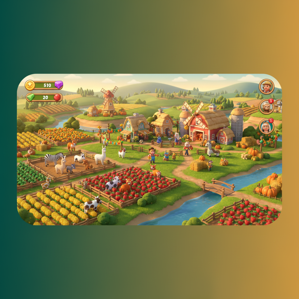 FarmVille 3 hero screenshot showing a sprawling green countryside farm filled with exotic animals, crop fields, farmhand characters, seasonal decorations, and a vibrant village centre