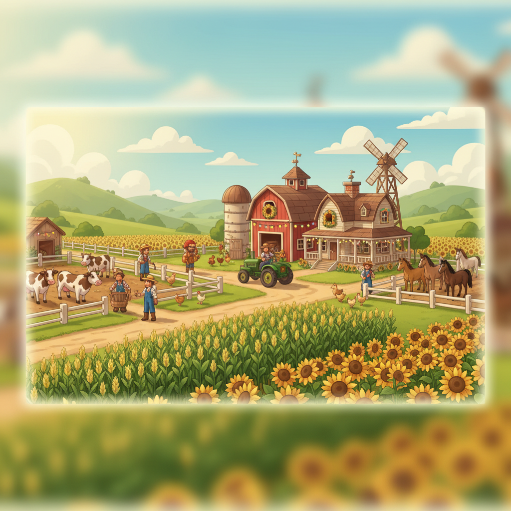 FarmVille 3 main farm view during summer season with lush green crop fields, animal pens containing cows and horses, farmhand characters tending to tasks, and a cluster of upgraded farm buildings surrounded by sunflower decorations