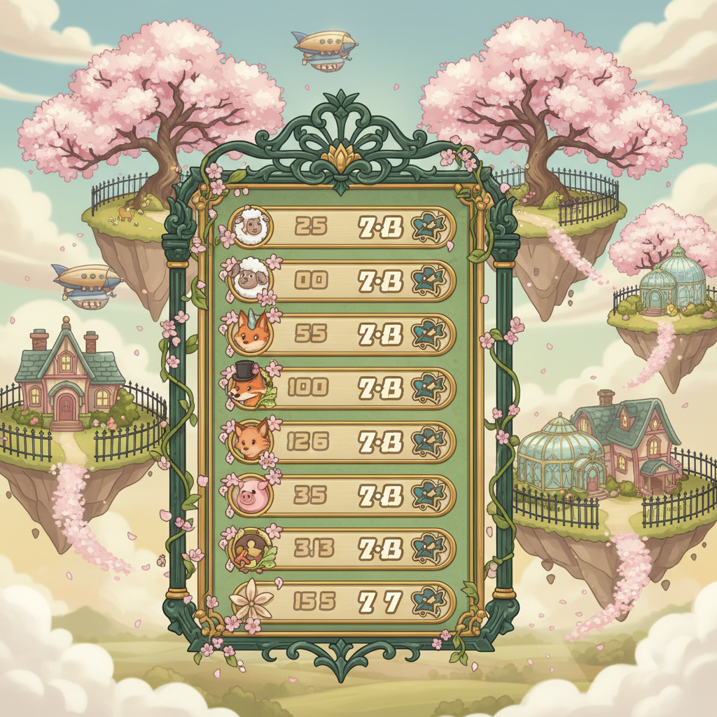 FarmVille 3 Sky Race event during the Petal Promise season featuring Victorian-era cherry blossom themed farm decorations, ornate iron fences, blooming sakura tree buildings, and the competitive leaderboard showing points standings against rival farms