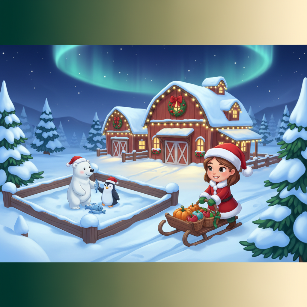 FarmVille 3 Christmas seasonal theme with snow-covered farm buildings decorated with fairy lights and wreaths, a polar bear and penguin pair in a winter habitat, and a farmhand character wearing a Santa hat collecting seasonal goods
